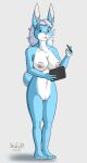  2020 4_fingers 4_toes anthro areola blue_body blue_eyes blue_fur breasts buckteeth cel_shading feet female fingers fur genitals hair hi_res hindpaw humanoid_hands lagomorph leporid lillian_summertree long_hair mammal multicolored_body multicolored_fur navel nipples nude paws pen pink_areola pink_nipples pink_nose plantigrade pussy rabbit secretary shaded signature smile solo standing strikersa tablet teeth toes two_tone_body two_tone_fur white_body white_fur white_hair 