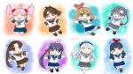  absurdres ahoge akebono_(kancolle) amagiri_(kancolle) animal_on_head asymmetrical_bangs ayanami_(kancolle) bandaid bandaid_on_face bangs bell black_hair black_legwear blue_hairband blue_sailor_collar blue_skirt brown_eyes brown_hair brown_sailor_collar brown_skirt bunny bunny_on_head chibi crab_on_head dress flower full_body fuzino glasses grey-framed_eyewear grey_eyes grey_hair grey_sailor_collar grey_skirt hair_bell hair_flower hair_ornament hairband highres jingle_bell kantai_collection kneehighs long_hair looking_at_viewer oboro_(kancolle) on_head outstretched_arms pink_hair pleated_dress pleated_skirt ponytail purple_eyes purple_hair sagiri_(kancolle) sailor_collar sazanami_(kancolle) school_uniform serafuku shikinami_(kancolle) short_hair short_sleeves side_ponytail silver_hair skirt swept_bangs twintails ushio_(kancolle) very_long_hair 
