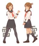  2girls anchor_symbol black_legwear black_sailor_collar black_skirt blush brown_eyes brown_footwear brown_hair character_name closed_mouth eyebrows_visible_through_hair folded_ponytail hair_between_eyes highres ikazuchi_(kancolle) inazuma_(kancolle) kanji kantai_collection kneehighs loafers long_hair long_sleeves multiple_girls neckerchief open_mouth pleated_skirt red_neckerchief sailor_collar school_uniform serafuku shoes short_hair simple_background skirt smile thighhighs uyama_hajime white_background 