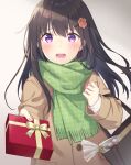  1girl bag bangs brown_coat brown_hair coat eyebrows_visible_through_hair food gift gradient gradient_background green_scarf grey_background hair_ornament highres holding holding_gift incoming_gift long_hair long_sleeves looking_at_viewer open_mouth original purple_eyes saka_nanato scarf solo sweatdrop upper_body valentine 