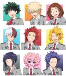  3girls 6+boys ashido_mina bakugou_katsuki bangs black_eyes black_sclera blazer blonde_hair blue_eyes boku_no_hero_academia border brown_eyes brown_hair collared_shirt colored_sclera colored_skin eyebrows_visible_through_hair green_eyes green_hair grey_eyes highres jacket jirou_kyouka kaminari_denki kirishima_eijirou looking_at_viewer midoriya_izuku multicolored_hair multiple_boys multiple_girls nagiayase necktie open_mouth pink_hair pink_skin purple_eyes red_eyes red_hair red_necktie school_uniform scowl sharp_teeth shinsou_hitoshi shirt sidelocks signature smile spiked_hair split-color_hair teeth todoroki_shouto u.a._school_uniform uraraka_ochako white_border white_shirt yellow_eyes 