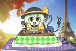  1girl :d autumn_leaves bangs black_bow black_cat black_headwear blouse bow buttons cat chibi collared_blouse diamond_button eiffel_tower eyeball eyebrows_visible_through_hair food_request frilled_shirt_collar frilled_sleeves frills green_eyes hair_between_eyes hat hat_ribbon highres kaenbyou_rin kaenbyou_rin_(cat) komeiji_koishi kotatsu light_green_hair long_sleeves medium_hair multiple_tails open_mouth photo_background ribbon smile solo table tail tail_bow tail_ornament teeth third_eye touhou two_tails upper_body upper_teeth washiwa wavy_hair wide_sleeves yellow_blouse yellow_ribbon 