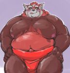  ailurid anthro belly biceps blep blush exe_exem fur green_eyes lifewonders male mammal musclegut muscular_arms navel nipples outie_navel pecs red_body red_fur red_panda solo tokyo_afterschool_summoners tongue tongue_out video_games zhurong_(tas) 