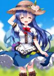  1girl :d ^_^ black_headwear blue_hair blue_skirt blue_sky blush boots bow bowtie brown_footwear closed_eyes cloud day eyebrows_visible_through_hair facing_viewer flower food fruit hat highres hinanawi_tenshi leaf long_hair open_mouth outdoors peach puffy_short_sleeves puffy_sleeves red_bow red_neckwear ruu_(tksymkw) shirt short_sleeves skirt sky smile solo standing touhou very_long_hair white_shirt 