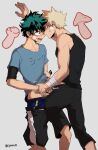  2boys against_wall bakugou_katsuki bandage_on_face bandaged_arm bandages black_pants black_shorts black_tank_top blonde_hair blue_male_underwear blue_shirt blush boku_no_hero_academia cho_mo_futoshi freckles green_eyes green_hair green_pubic_hair grey_background highres holding_another&#039;s_wrist looking_at_another male_focus male_pubic_hair male_underwear midoriya_izuku multiple_boys multiple_penises mushroom open_mouth pants penis penises_touching pubic_hair red_eyes shirt shorts simple_background smile spiked_hair sweatdrop t-shirt tank_top teeth twitter_username underwear undressing veiny_arms veiny_hands yaoi 