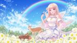  1girl absurdres artist_request ayamo_nono bird blonde_hair blue_sky cat deer dress flower highres key_visual long_hair looking_at_viewer official_art open_mouth promotional_art rainbow re:act sky smile tree virtual_youtuber wings wood 