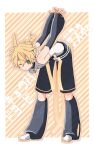  1boy arms_behind_back bare_shoulders bass_clef bent_over black_legwear black_shorts black_sleeves blonde_hair commentary d_futagosaikyou detached_sleeves expressionless full_body green_eyes highres interlocked_fingers kagamine_len kagamine_len_(append) leg_warmers looking_at_viewer male_focus one_eye_closed outstretched_arms own_hands_together pendant_choker shirt short_ponytail shorts sleeveless sleeveless_shirt solo spiked_hair standing stretch striped striped_background translated vocaloid vocaloid_append white_shirt yellow_background 