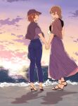  2girls ass beach black_shirt blue_pants cloud couple denim green_eyes grey_shirt hat high_heels holding_hands jeans koito_yuu long_skirt looking_at_another miyazakit multiple_girls ocean orange_eyes orange_hair pants pink_skirt saeki_sayaka shadow shirt short_hair skirt sky sunset water yagate_kimi_ni_naru yuri 