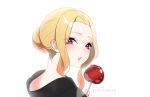  1girl blonde_hair food holding holding_food kitagawa_marin looking_at_viewer looking_back parted_lips patreon_username red_eyes short_hair sidelocks simple_background solo sono_bisque_doll_wa_koi_wo_suru tofuubear white_background 