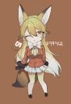  1girl animal_ears blush bow bowtie brown_footwear brown_fur brown_gloves brown_hair commentary_request extra_ears eyebrows_visible_through_hair ezo_red_fox_(kemono_friends) fox_ears fox_girl fox_tail fur_trim gloves gradient gradient_legwear hair_between_eyes highres jacket kemono_friends kemono_friends_3 loafers long_hair long_sleeves multicolored_hair necktie one_eye_closed orange_eyes orange_hair orange_jacket pantyhose pleated_skirt shirt shoes sidelocks skirt solo tail translation_request white_bow white_bowtie white_hair white_legwear white_shirt white_skirt yellow_legwear yellow_necktie zakodaga 