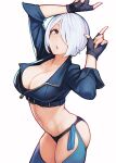  1girl absurdres angel_(kof) arched_back arm_up ataruman black_gloves blue_eyes blue_shirt breasts cleavage commentary_request cowboy_shot crop_top fingerless_gloves gloves hair_over_one_eye hand_up highres large_breasts long_sleeves looking_at_viewer midriff navel parted_lips revealing_clothes shirt short_hair simple_background solo standing stomach the_king_of_fighters the_king_of_fighters_xiv thighs white_background white_hair 