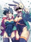  2boys absurdres animal_costume animal_ears bakugou_katsuki bangs black_leotard blonde_hair blowing blush boku_no_hero_academia bunny_costume clenched_teeth costume cowboy_shot eye_mask freckles green_eyes green_hair green_leotard grimace highleg highleg_leotard highres jacket leaf leaves_in_wind leotard male_focus midoriya_izuku multiple_boys necktie pectoral_cleavage pectorals playboy_bunny rabbit_ears rabbit_tail rain red_eyes short_hair short_necktie shouting signature skin_tight spiked_hair tail teeth thighhighs twitter_username umbrella v-shaped_eyebrows wet wind wing_collar yazakc 