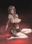  1girl blue_eyes breasts brown_dress brown_hair cleavage dress hair_over_one_eye high_heels highres large_breasts long_hair looking_at_viewer mitsugu sideboob sitting solo strapless strapless_dress tales_of_(series) tales_of_the_abyss tear_grants thighs 