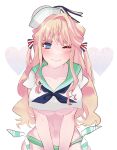  1girl blonde_hair blue_eyes blush breasts dress earrings hair_ornament hair_ribbon hat heart highres jewelry large_breasts long_hair macross macross_frontier midriff one_eye_closed ribbon sailor sailor_dress sailor_hat sechi_(stst1850) sheryl_nome smile solo underboob white_background 