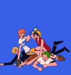  absurdres blue_background crying green_eyes grin hat heart heart-shaped_eyes highres lying monkey_d._luffy nami_(one_piece) on_back one_piece onohi roronoa_zoro sanji simple_background sitting sitting_on_person slapping smile straw_hat usopp 