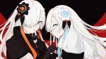  2girls absurdres black_background black_coat black_gloves blue_eyes blue_hair coat dual_persona finger_to_another&#039;s_mouth fingerless_gloves flower gloves grey_eyes hair_flower hair_ornament hair_over_one_eye highres identity_(vocaloid) isekai_joucho kamitsubaki_studio long_hair looking_at_viewer maimuro multicolored_hair multiple_girls parted_lips profile red_background red_hair two-tone_background two-tone_hair upper_body virtual_youtuber white_coat white_hair 
