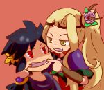  1boy 1girl armband black_hair blonde_hair dark_pit flower fluora hair_flower hair_ornament kid_icarus kid_icarus_uprising long_hair looking_at_another lowres mouth_pull nachure non-web_source open_mouth red_eyes shaded_face smile teeth 