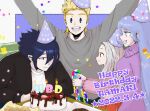 2boys 2girls :d amajiki_tamaki balloon bangs birthday black_hair blonde_hair blue_background blue_eyes blue_hair blueberry boku_no_hero_academia border cake candle character_name child chocolate confetti dated doughnut english_text eri_(boku_no_hero_academia) excited eye_contact food french_fries fruit gift grey_hair grin hadou_nejire happy happy_birthday hat highres horns light_blue_hair long_hair looking_at_another looking_at_viewer multiple_boys multiple_girls okusuritetyo open_mouth outside_border paper_chain party_hat pointy_ears raised_eyebrows red_eyes short_hair silver_hair single_horn smile spiked_hair star_(symbol) star_print strawberry togata_mirio two-tone_background very_long_hair white_border 
