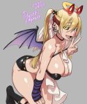  1girl agawa_ryou arm_support arm_warmers artist_name bare_shoulders black_choker black_legwear black_sclera black_shorts blonde_hair blue_eyes breasts bursting_breasts choker cleavage collarbone colored_sclera commentary dated demon_wings ear_piercing english_commentary full_body grey_background hair_ornament halo hand_up heterochromia horns kneeling large_breasts leg_strap long_hair mismatched_wings multicolored_hair numbered open_mouth original piercing red_hair short_shorts shorts simple_background skindentation smile socks solo striped_arm_warmers twintails two-tone_hair v very_long_hair white_wings wings yellow_eyes 