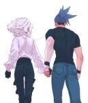  2boys androgynous black_gloves black_pants black_shirt blue_hair denim from_behind galo_thymos gloves green_hair holding_hands jeans lio_fotia male_focus multiple_boys pants promare shirt short_hair sidecut signature simple_background spiked_hair white_background white_shirt yaoi yon_prmr 