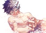  1boy bangs bathing blending blurry boku_no_hero_academia caustics depth_of_field freckles half-closed_eyes head_tilt highres light_rays light_smile looking_ahead male_focus midoriya_izuku multiple_scars nude partially_submerged reaching_out reclining refraction short_hair soap_bubbles solo sunbeam sunlight tearing_up twitter_username water_drop wavy_hair white_background yazakc 