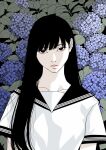  1girl bangs black_eyes black_hair expressionless flower hair_over_shoulder head_tilt hiakko hydrangea long_hair looking_at_viewer neckerchief_removed original sailor_collar school_uniform serafuku straight-on swept_bangs tsurime upper_body 