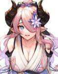  1girl bare_shoulders blue_eyes blush breasts cleavage clothing_cutout collarbone draph flower granblue_fantasy hair_flower hair_ornament hair_over_one_eye highres horns japanese_clothes kimono koretsuki_azuma large_breasts long_hair looking_at_viewer narmaya_(granblue_fantasy) open_mouth pink_hair pink_pupils pointy_ears ponytail shoulder_cutout simple_background sketch smile solo teeth tongue upper_body white_hair white_kimono 