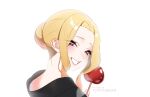  1girl blonde_hair eyes_visible_through_hair food holding holding_food kitagawa_marin looking_at_viewer looking_back red_eyes short_hair simple_background smile solo sono_bisque_doll_wa_koi_wo_suru tofuubear upper_body white_background 