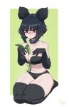  bamboo band-aid_on_nose black_hair bodily_fluids breasts clothed clothing collar difman female gloves hair handwear hi_res humanoid legwear looking_at_viewer mammal red_eyes scar solo stockings sweat 