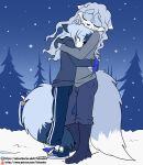  ambiguous_gender anthro blue_body blue_fur blue_hair bodily_fluids boots canid canine clothed clothing duo embrace female fingerless_gloves footwear forest fox fuf fur gloves hair handwear hi_res hoodie hug mammal outside plant snow tears topwear tree 