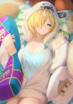  1girl absurdres bangs blonde_hair blue_eyes breasts cousins dakimakura_(object) expressionless future_princess guardian_tales hair_over_one_eye highres indoors looking_at_viewer lying medium_breasts medium_hair mu_3no official_alternate_costume on_back pillow sleepwear sunlight walrus_costume zipper 