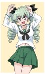  1girl alternate_costume anchovy_(girls_und_panzer) arms_up bangs black_neckerchief black_ribbon blouse border bright_pupils brown_eyes commentary cowboy_shot drill_hair eyebrows_visible_through_hair girls_und_panzer green_hair green_skirt hair_ribbon highres light_blush long_hair long_sleeves looking_at_viewer midriff_peek miniskirt navel neckerchief ooarai_school_uniform open_mouth outside_border pleated_skirt ponzu_rui ribbon sailor_collar school_uniform serafuku simple_background skirt smile solo standing twin_drills twintails white_blouse white_border white_pupils white_sailor_collar yellow_background 