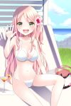  1girl absurdres bikini breasts cleavage commentary_request diving_mask_removed drink flower green_eyes hair_flower hair_ornament highres long_hair medium_breasts open_mouth original pink_hair sitting smile snorkel solo stigma1101 swimsuit teeth upper_teeth waving white_bikini 