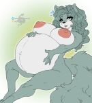  2021 anthro areola belly big_belly big_breasts black_nose breasts canid canine canis claws digital_media_(artwork) eyelashes female fur green_eyes grey_body grey_fur grey_hair hair hand_on_stomach harriet_(harry_amoros) hi_res hyper hyper_pregnancy long_hair looking_at_viewer mammal markings morgan_gorgon multicolored_body navel nipples nude one_eye_closed open_mouth pregnant pregnant_female solo tongue tongue_out wavy_hair white_body white_fur white_markings wolf 