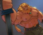  bandai_namco beard blonde_hair blue_eyes bulge chest_tuft digimon digimon_(species) facial_hair hair leomon male mane melee_weapon nipples pecs solo steen sword tuft weapon 