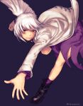  1girl bent_over boots gengoroumaru_(ambidextrous) jacket kishin_sagume leg_up outstretched_arm purple_background red_eyes running serious short_hair single_wing socks solo touhou white_hair wings 