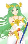  armlet bangs bare_shoulders blush breasts collar dress forehead_jewel goddess gold green_eyes green_hair highres jewelry kid_icarus kid_icarus_uprising laurel_crown long_hair palutena parted_bangs pendant side_slit single_thighhigh strapless strapless_dress thighhighs vambraces very_long_hair white_dress 