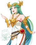  armlet bangs bare_shoulders breasts collar dress forehead_jewel goddess gold green_eyes green_hair highres jewelry kid_icarus kid_icarus_uprising laurel_crown long_hair mow_(m_mow) palutena parted_bangs pendant side_slit single_thighhigh strapless strapless_dress thighhighs vambraces very_long_hair white_dress 