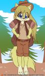  anthro backpack barefoot blonde_hair blue_eyes canid canine clothed clothing eyewear feet female forest fox fuf fur glasses hair hi_res long_hair mammal outside plant polymorph solo tree yellow_body yellow_fur 