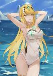  armpits arms_behind_head ass_visible_through_thighs bangs bare_shoulders blonde_hair breasts choker cleavage collarbone covered_navel eyebrows_visible_through_hair fadingz hair_between_eyes highleg highleg_swimsuit highres large_breasts long_hair looking_at_viewer mythra_(xenoblade) ocean parted_lips sidelocks sky strapless strapless_swimsuit swept_bangs swimsuit thigh_gap tiara tsurime very_long_hair xenoblade_chronicles_(series) xenoblade_chronicles_2 yellow_eyes 