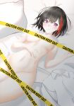  absurdres bang_dream! bed black_hair breasts can&#039;t_show_this caution_tape completely_nude dress_shirt dutch_angle groin hand_on_own_stomach highres looking_at_viewer looking_back lying medium_breasts mitake_ran multicolored_hair navel nude on_back pink_eyes red_hair segina04 shirt shirt_removed short_hair streaked_hair thighs white_shirt 