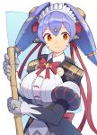  1girl absurdres android apron breasts highres joints large_breasts maid maid_apron maid_headdress mechanical_parts medaman poppi_(xenoblade) poppi_qt_(xenoblade) purple_hair red_eyes robot_ears robot_joints simple_background solo white_apron white_background xenoblade_chronicles_(series) xenoblade_chronicles_2 