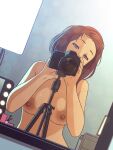  1girl breasts brown_hair camera covered_mouth highres indoors large_breasts long_hair mike_inel mirror nipples nude original photography screen selfie solo tripod upper_body 