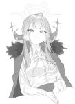  1girl ahoge aru_(blue_archive) blue_archive blush closed_mouth coat coat_on_shoulders eyebrows_visible_through_hair grey_background greyscale halo highres horns kona_ming long_hair looking_at_viewer monochrome own_hands_together ribbon simple_background sketch slit_pupils smile solo sparkle 