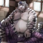  2018 anthro balls bed bedding belly big_belly blanket felid flaccid furniture genitals humanoid_genitalia humanoid_hands humanoid_penis inside kemono male mammal moobs nipples overweight overweight_male pantherine penis sitting smoking tiger white_body zen_(kemono_artist) 