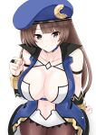  1girl ahoge beret breasts brown_hair c-sha cleavage eyebrows_visible_through_hair grey_eyes hat highres long_hair looking_at_viewer medium_breasts neptune_(series) pantyhose reward_available shin_jigen_game_neptune_vii smile solo zatsu 