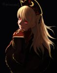  1girl black_background blonde_hair chinese_clothes dark dress from_above from_behind gengoroumaru_(ambidextrous) glowing glowing_eyes highres horror_(theme) junko_(touhou) long_hair long_sleeves looking_at_viewer looking_back phoenix_crown red_eyes smile solo tabard touhou 