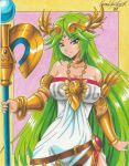  1girl armlet artist_name bangs bare_shoulders belt breasts cleavage collar dress forehead_jewel goddess gold green_eyes green_hair highres jewelry kid_icarus kid_icarus_uprising laurel_crown long_hair multiple_belts palutena parted_bangs pendant ravernclouk side_slit solo strapless strapless_dress twitter_username vambraces very_long_hair white_dress 