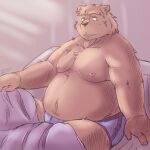  2018 anthro bedding belly big_belly blanket brown_body brown_fur clothing fur humanoid_hands kemono male mammal moobs nipples overweight overweight_male sitting solo underwear ursid zen_(kemono_artist) 