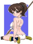  1girl ass back bangs bikini black_footwear black_ribbon blue_background boots border breasts broom brown_eyes brown_hair butt_crack closed_mouth commentary from_behind full_body girls_und_panzer hair_ribbon halterneck holding holding_broom koyama_yuzu looking_at_viewer looking_back medium_breasts medium_hair outline outside_border ribbon rubber_boots short_ponytail side-tie_bikini sitting smile solo swimsuit takahashi_kurage textless wariza white_bikini white_border white_outline 